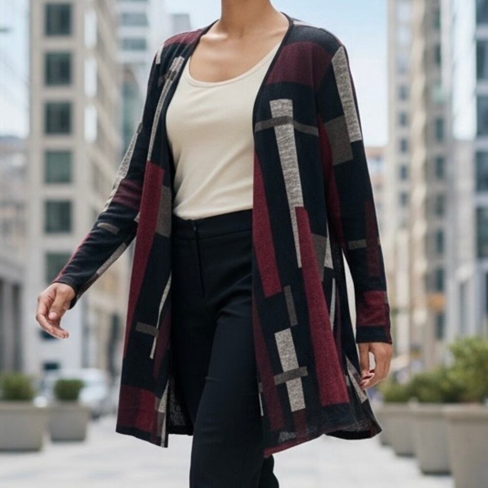 SJS Open Cardigan Plus size 2X Geometric print - red black white gray NWT